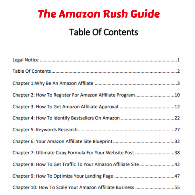 Amazon Rush table of contents