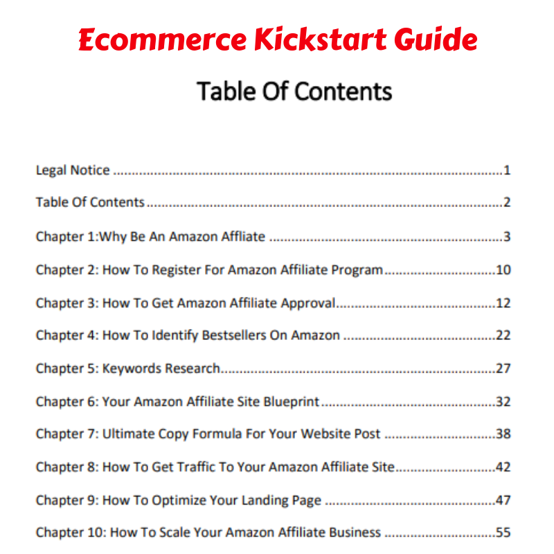 Ecommerce Kickstart guide table of contents