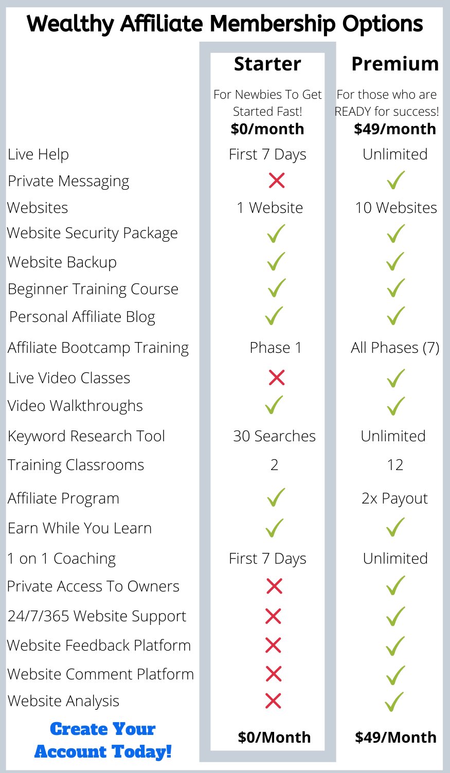 Infographic showing Wealthy Affiliate Membership Options